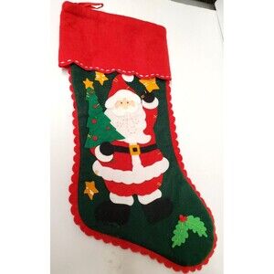 Vintage Christmas Stocking 18" Felt Santa Tree Red Green Embroidery Retro